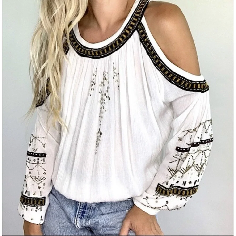 Free People Cold Shoulder Blouse Womens XS White Beaded Embroidered Boho Top